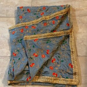 Beautiful Indian Embroidered Floral Grey Duputta Scarf with Gold Trim